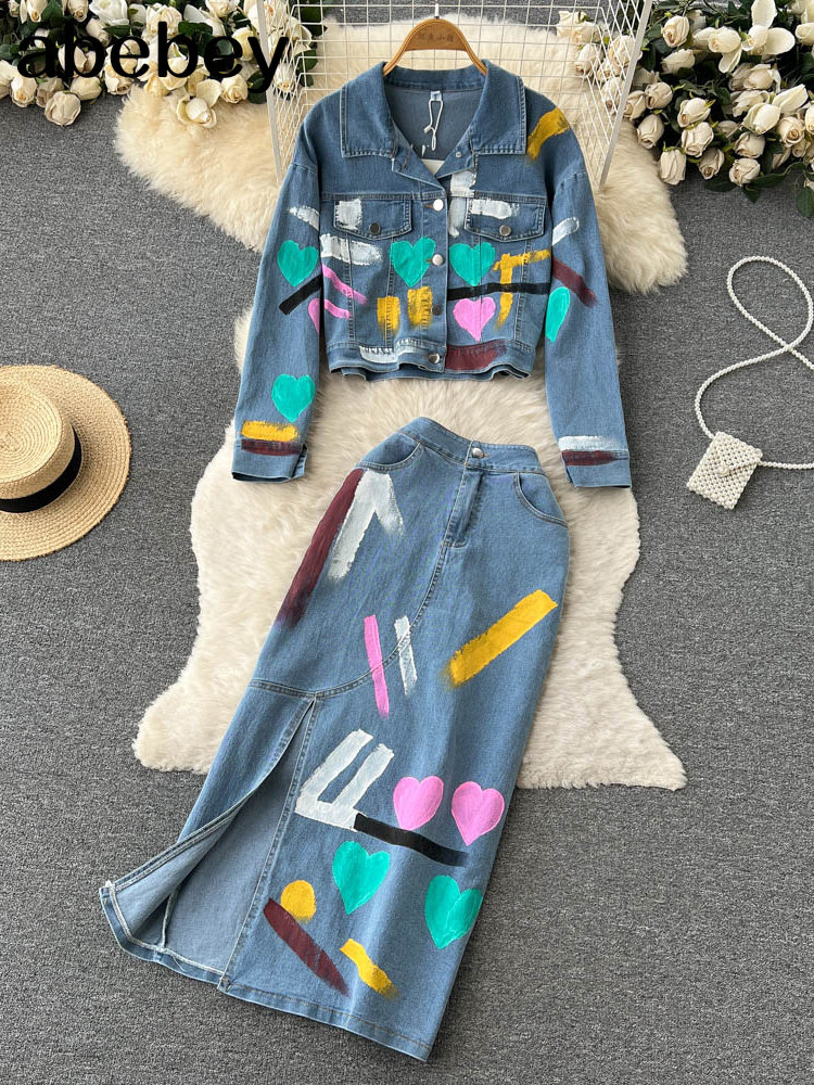 Autumn Floral Print Denim Two Pieces Sets Women Coat Elastic Waist Camisole+ Split Long Skirt Set Denim Suits alx