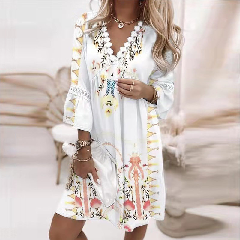 Vintage Print Trumpet Sleeve Boho Beach Dress Women Fashion Lace Patchwork V-Neck Party Dresses Lady Loose A-Line Dress Vestidos alx