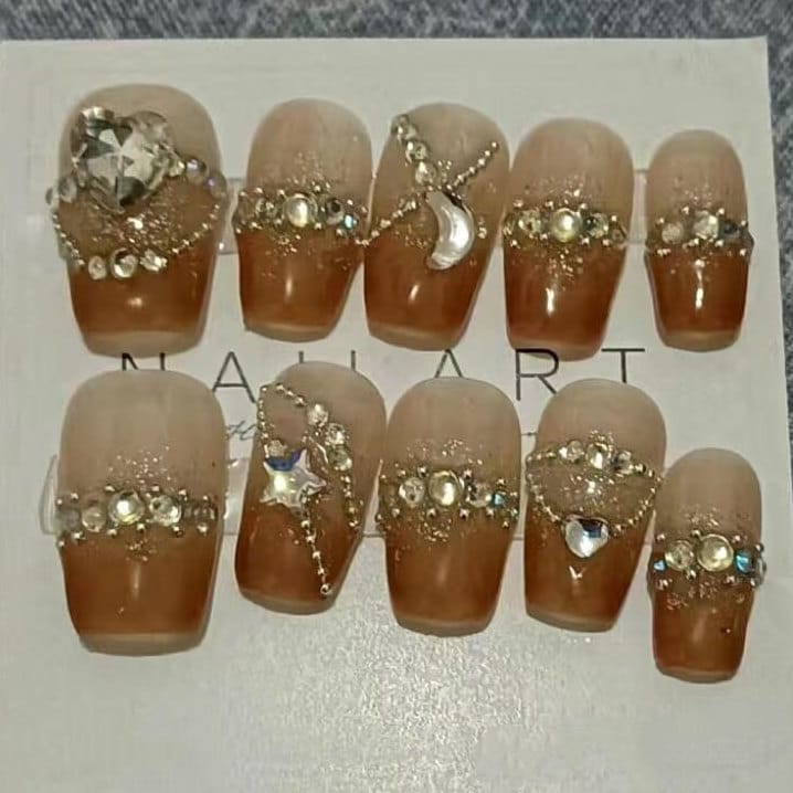 Nude Orange Rhinestone moon star heart Fancy Press On Nails/Elegant Nails/Princess Nails/Wedding Nails/ Cute nails #303