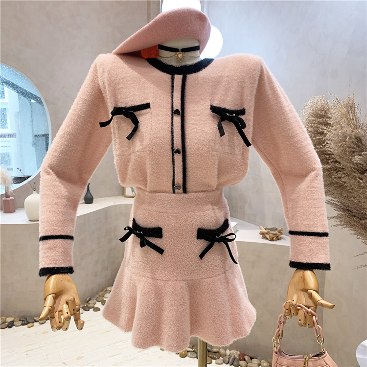 Women Winter Sweater Clothes Set Sweet Pink/Blue Bowknot Knitted Cardigan +Mini Bodycon Mermaid Skirt 2 Piece Soft Mohair Set alx