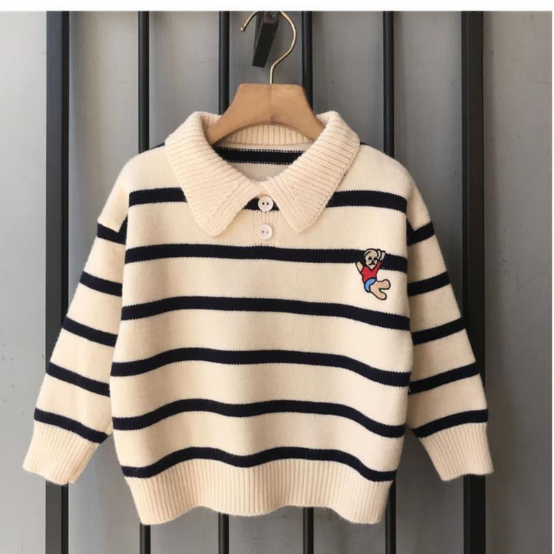 2-10T Toddler Kid Boy Clothes Autumn Winter Warm Polo Collar Long Sleeve Stripe Sweater Girl Fashion Knitted Gentleman Knitwear alx