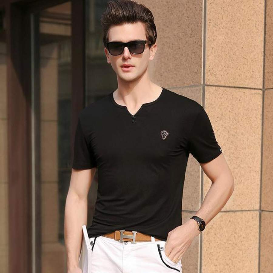 Men T Shirts Summer Tops Fitness Printed Slim Fit Short Sleeve T-Shirts V-Neck Casual Men Clothes
