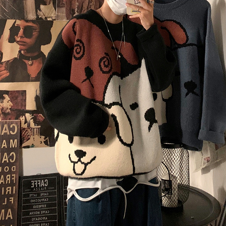 Wiaofellas Cartoon Bear Mens Sweater Loose Casual O-Neck Male Knitted Pullovers Fashion Kawaii Autumn Unisex Warm Knitwear