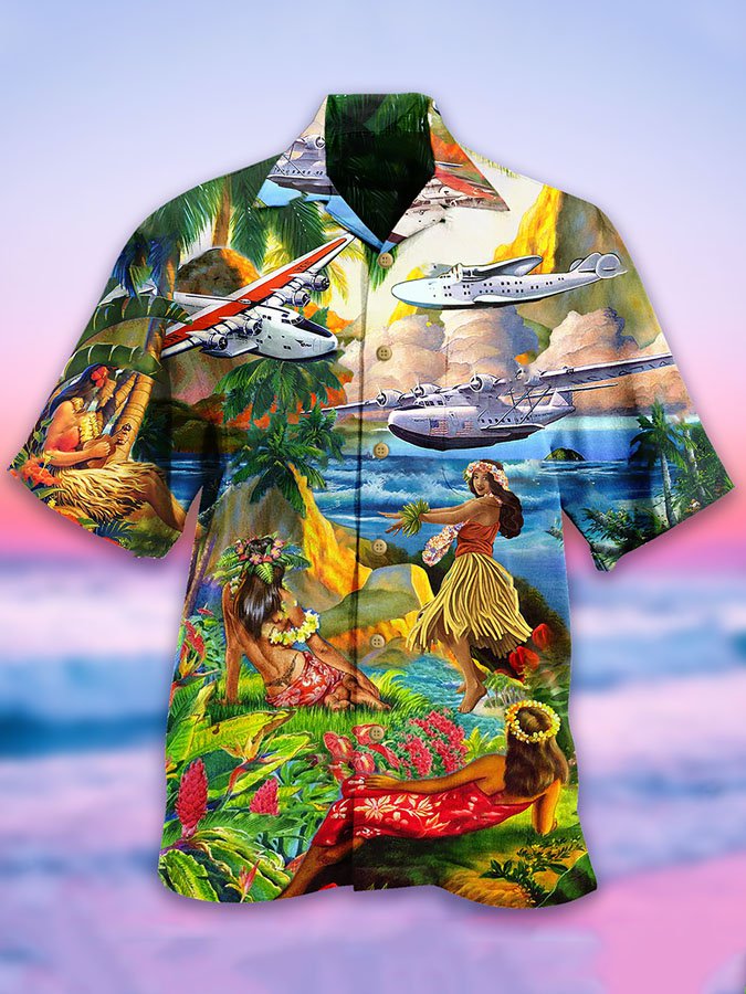 Vintage Airplane Hula Girl Print Short Sleeve Cotton Blend Hawaii Shirt Ha73475