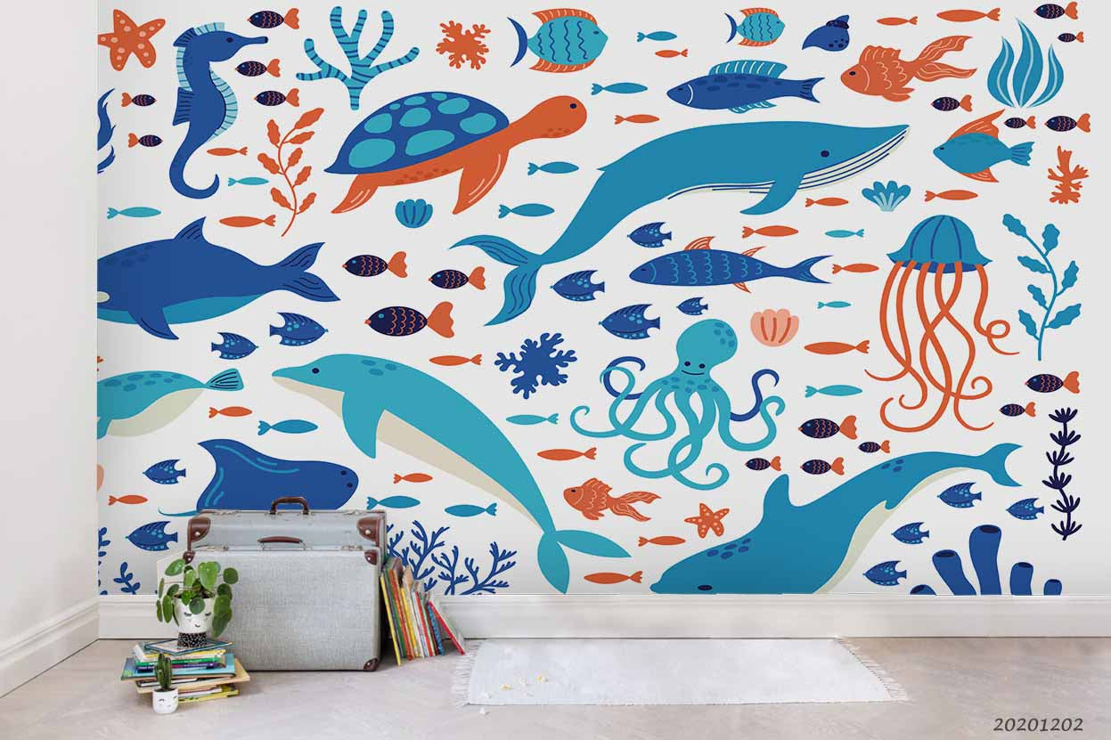 3D Hand Drawn Cartoon Colorful Ocean Dolphin Octopus Fish Pattern Wall Mural Wallpaper Lxl