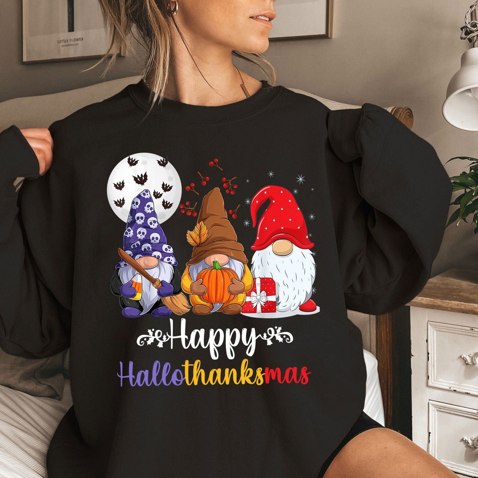 Happy Hallothanksmas Sweatshirt Halloween 2D Crewneck Sweatshirt All Over Print Sweatshirt For Women Sweatshirt For Men Sws3612