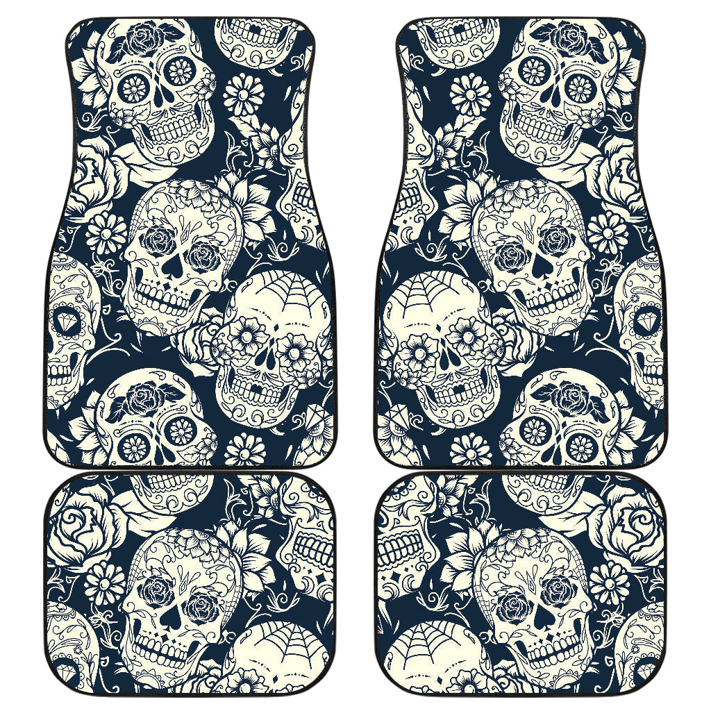 White Floral Sugar Skull Pattern Print Front And Back Car Floor Mats, Front Car Mat