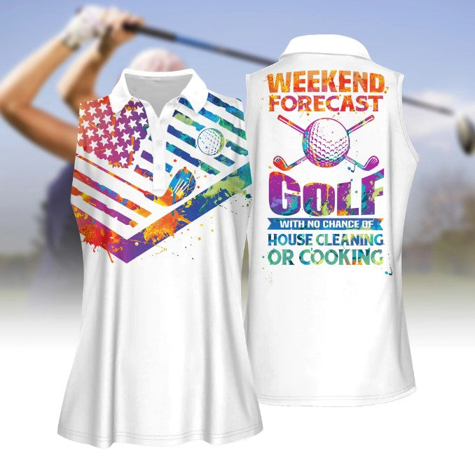 Women Golf Polo Shirt, Tie-Dye American Flag Weekend Forecast Golf Sleeveless Polo Shirt, Women Golf Shirt