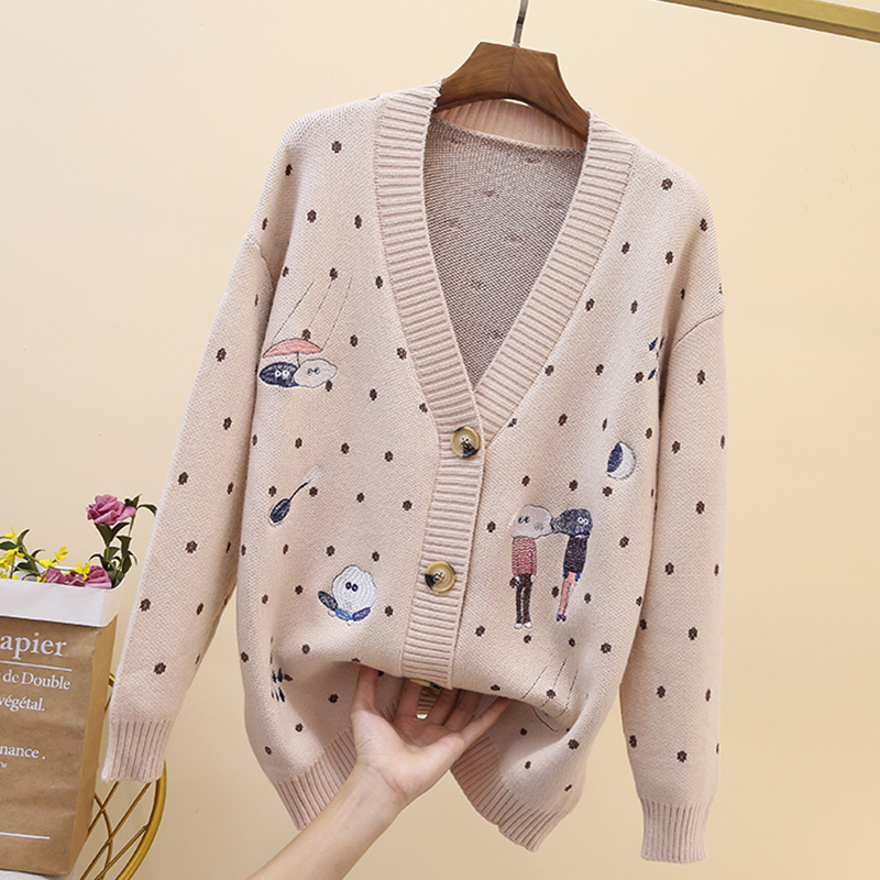 AZYT 2022 Spring Autumn Dot Cartoon Knit Cardigan Women V Neck Long Sleeve Knitwear Pull femme Harajuku Sweater cardigan alx