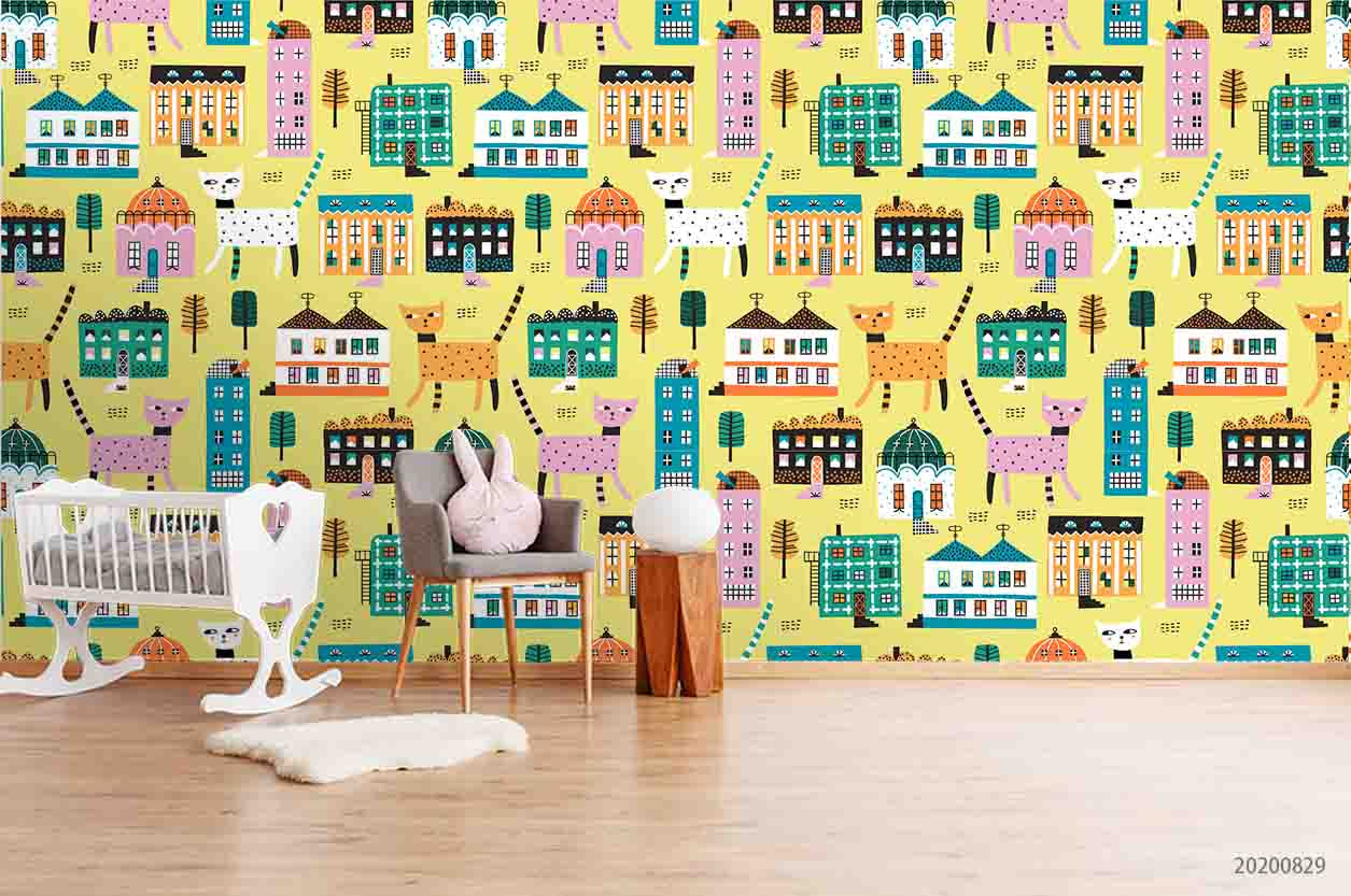 3D Cartoon Colorful House Animal Tree Wall Mural Wallpaper Lxl 1518