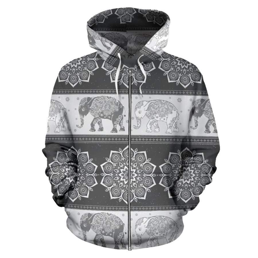 Indian Mandala Elephant Grey Premium All Over Print Zip-up Hoodie