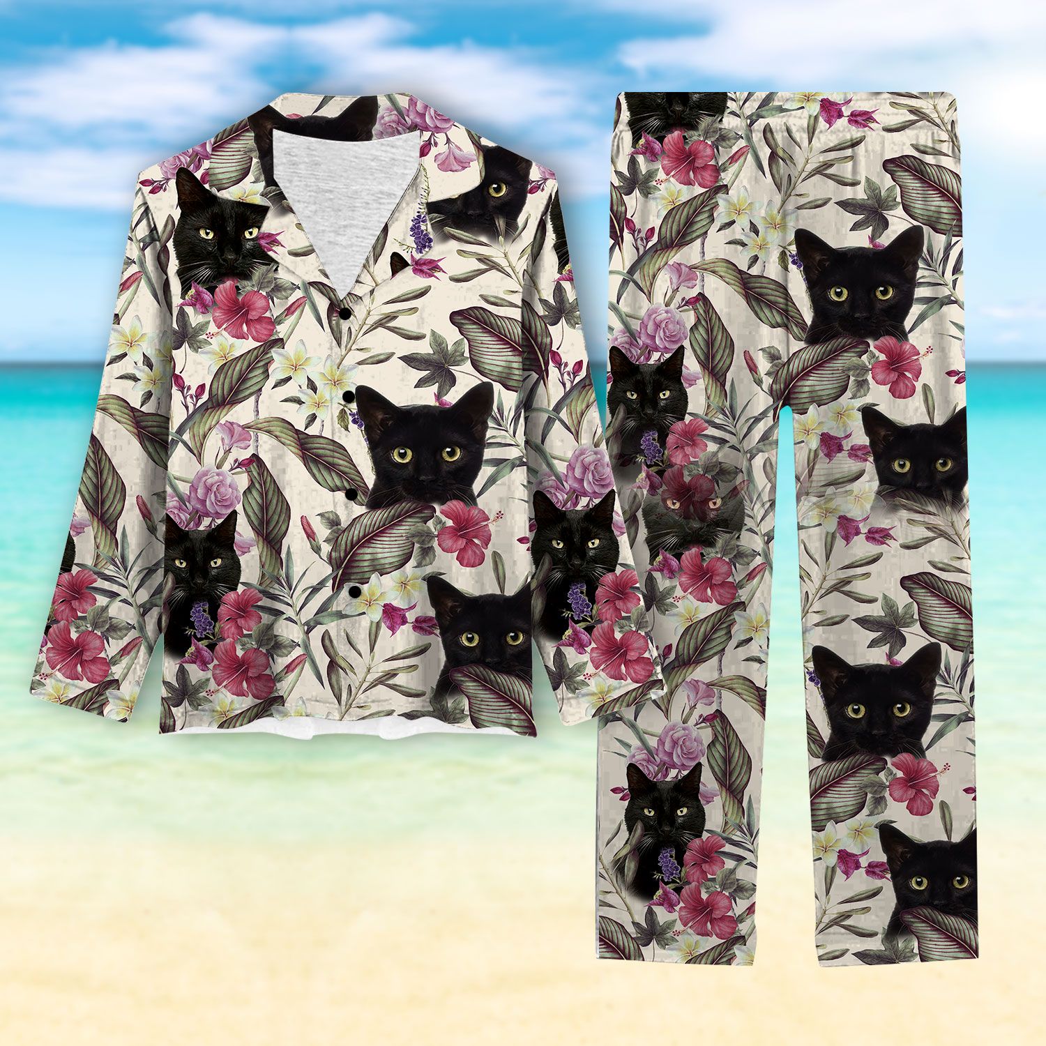 Women’s Long Sleeve Pajama – Black Cat Flower D25022