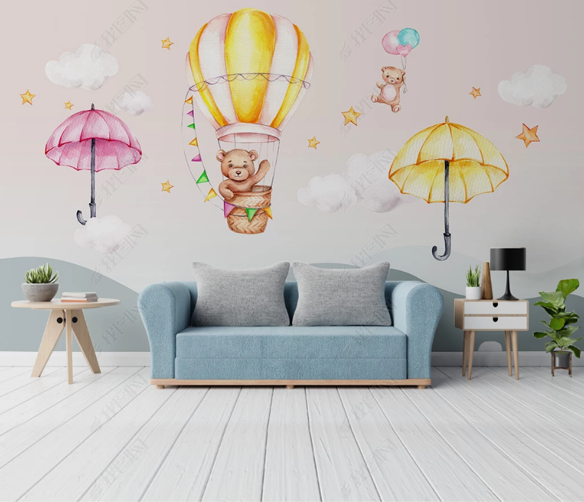 3D Cartoon Animal Bear Hot Air Balloon Wall Mural Wallpaper Lqh 41