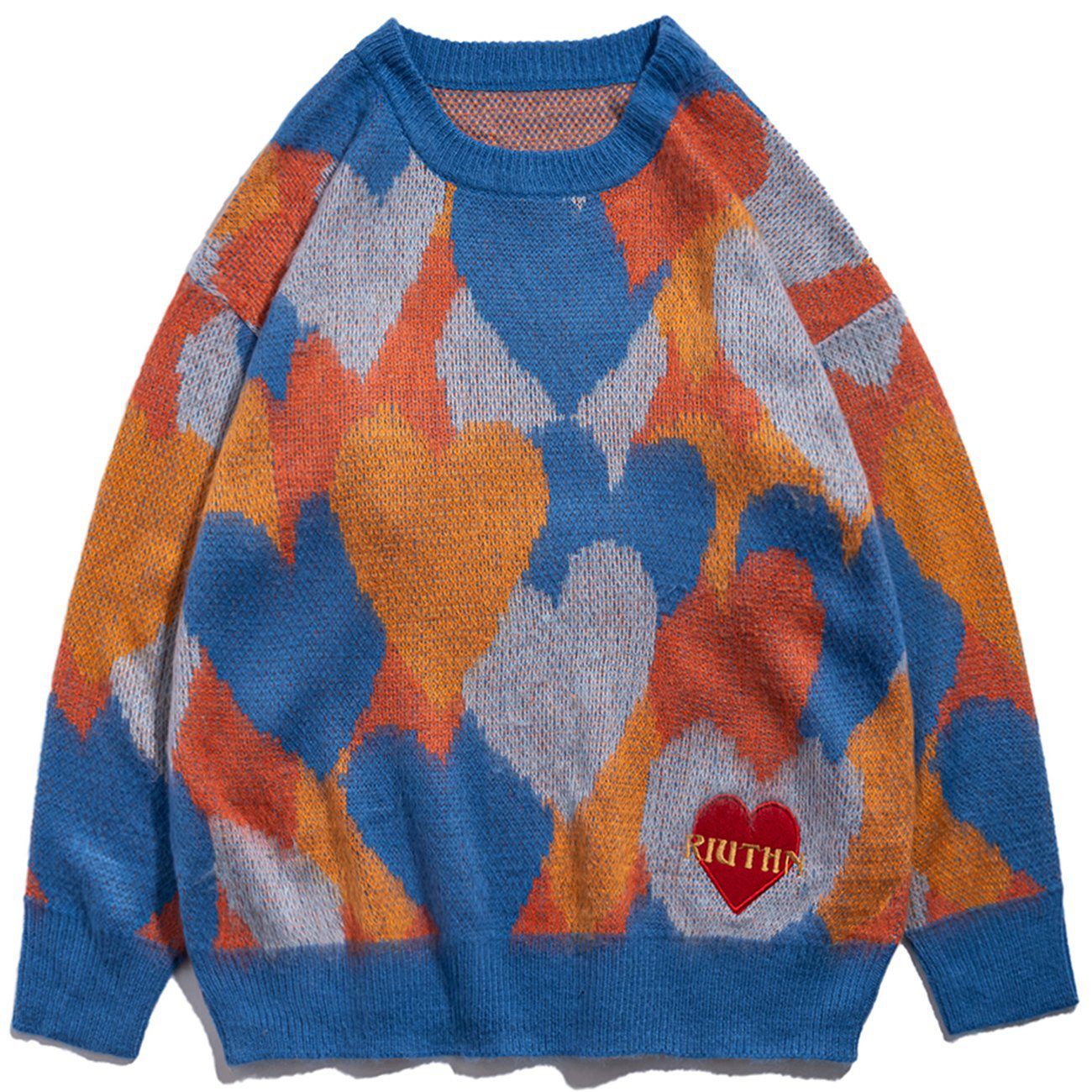 Talishko™ – Love Embroidery Contrast Color Full-Print Knit Sweater