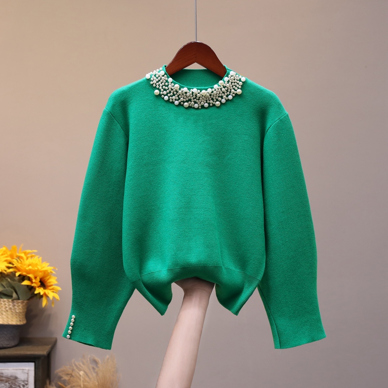 2021 New Beaded Half Turtleneck Sweater Women Autumn Winter New Wild Solid Green Pullover Jumper Tops Korean Fashion Crop Tops alx