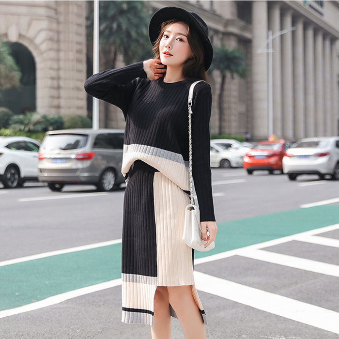 Autumn Woman Knitted Sweater Coat and Retro Long Sleeve Loose Knit Cardigan and Midi Skirts Ladies Two Piece Skirts Suits G269 alx