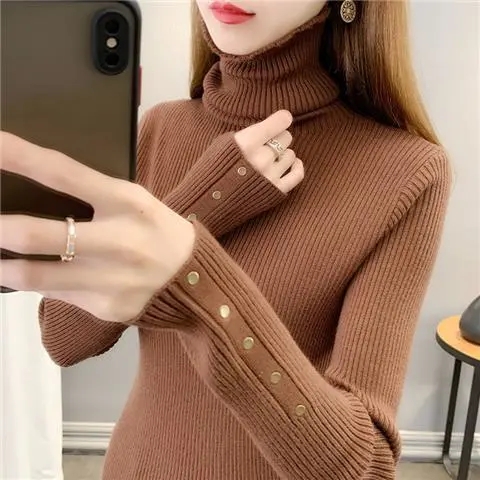 Women’s Turtleneck Slim Knitted Sweater Fall Winter Korean Casual Bottomed Pullover Warm Thick Long Sleeve Elegant Crochet Top alx