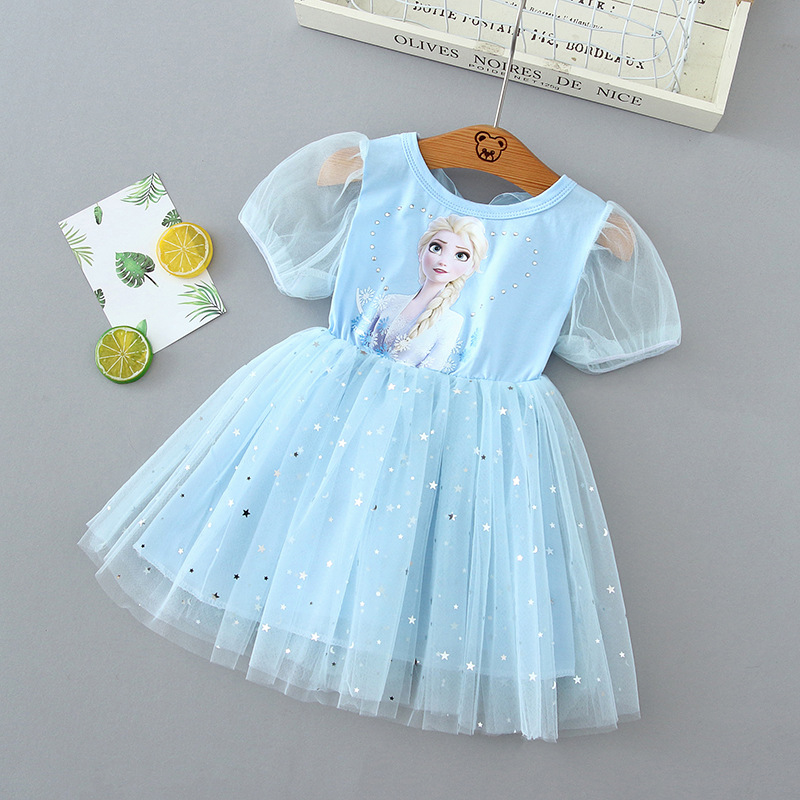 Summer Girl Dress 2021 Fashion Children’s Cartoon Fairy Tale Princess Dress Girl Short Sleeve Party Elsa Fluffy Gauze Dresses alx