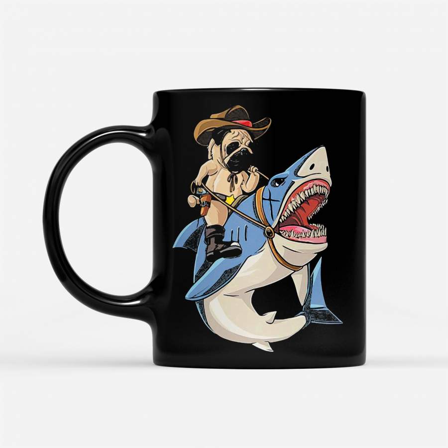 Cowboy Pug Riding Shark – Black Mug