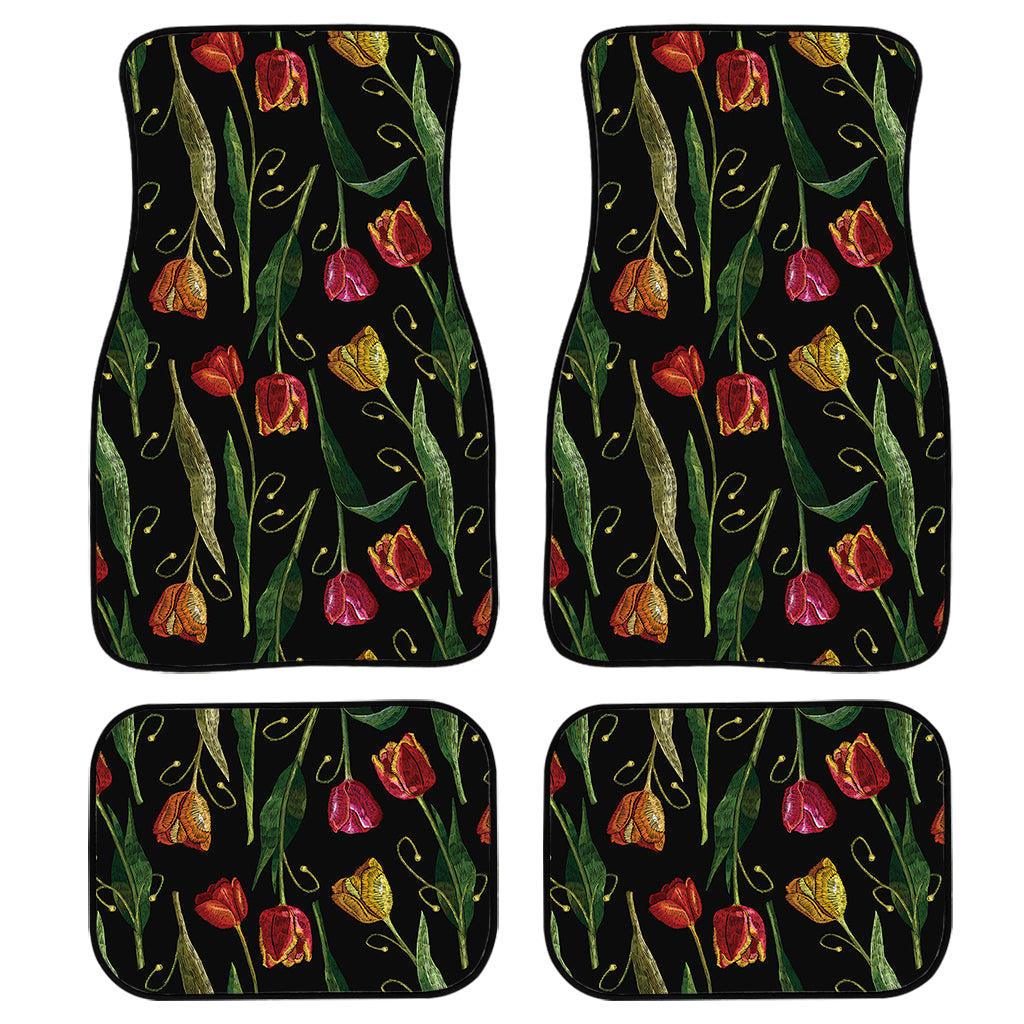 Embroidery Tulip Pattern Print Front And Back Car Floor Mats, Front Car Mat