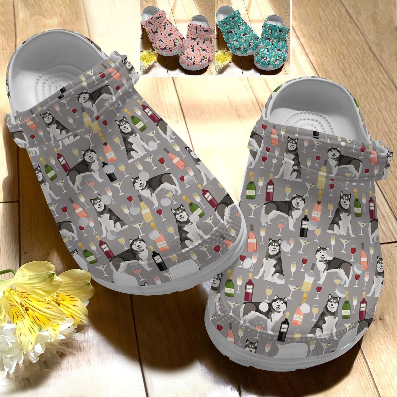 Alaskan Malamute Personalize Clog, Custom Name, Text, Fashion Style For Women, Men, Kid, Print 3D Whitesole Alaskan Malamute And Wine