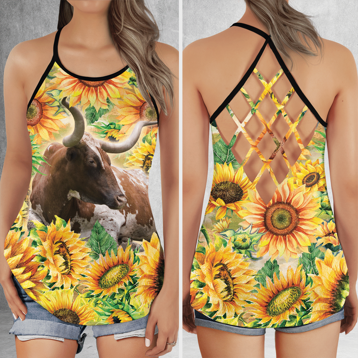 Tx Longhorn Cattle Lovers Big Sunflower Criss Cross Tank Top, Cattle Tank Top