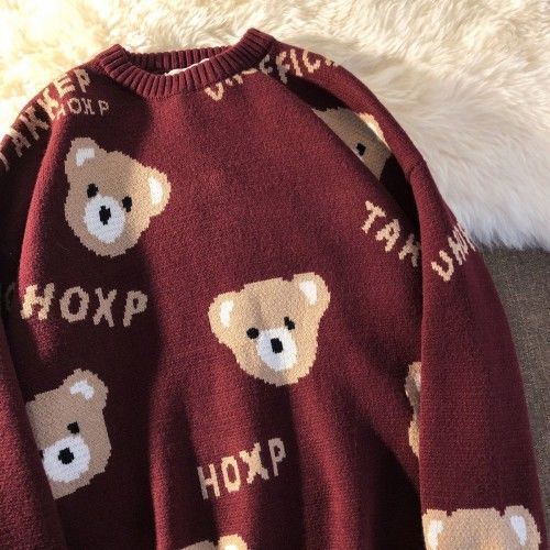 Christmas Little Bear Sweetshirts For Women Burgundy Women’s Sweater Loose All-Match Women’s Jumper 2021 Fall Kawaii Clothes alx