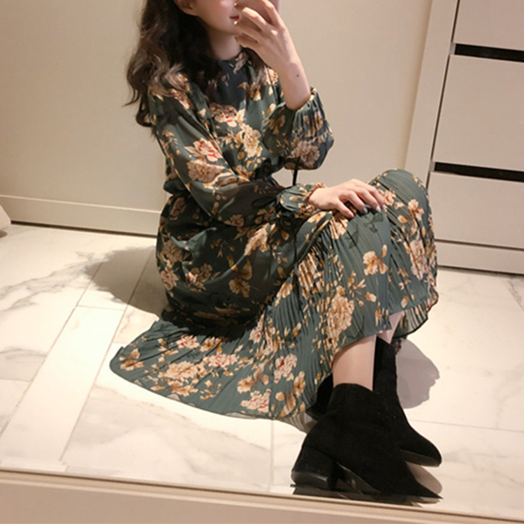 2022 New Women Summer Dresses Casual Vintage Chiffon Print Floral High Waist Fashionable Trumpet Pagoda Sleeve Long Dress DR218 alx