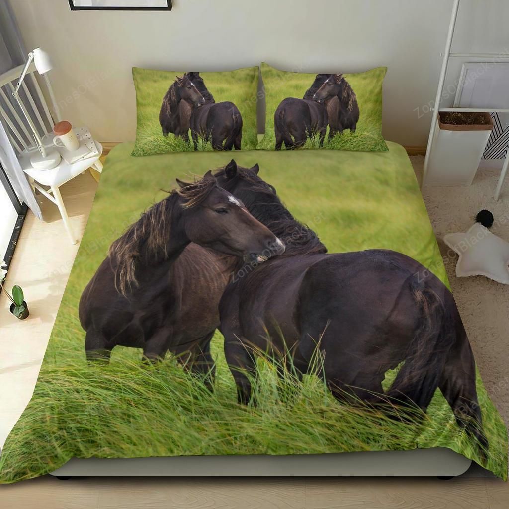 Black Horse Grass Field 3D Printed Duvet Cover Set Bedroom Home Decor