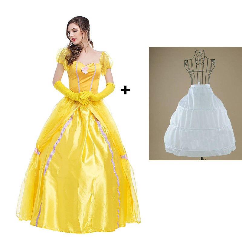 Beauty Belle Princess Costume Maxi Dress Ladies Fancy Ball Party Golden Dress Petticoat Set For Adult Women Halloween Beast alx