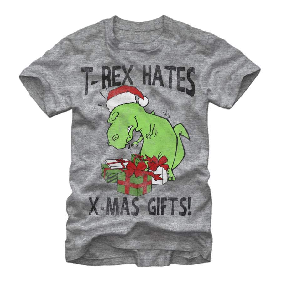 Lost Gods Men’s Christmas T-Rex Hates Gifts  T Shirt Athletic Heather