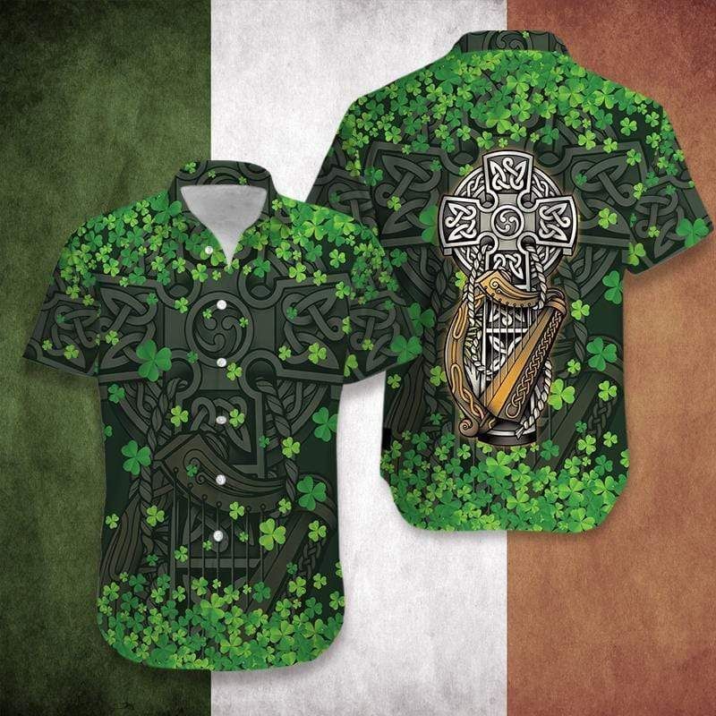 Shop Happy Patricks Day The Celtic Cross Harp Irish Proud Grey Green Hawaii Shirts Ha88322