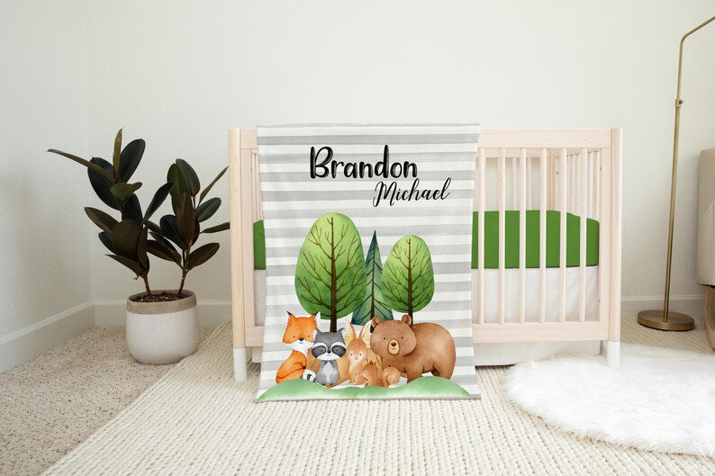 Woodland Nursery Baby Blanket, Forrest Animal Baby Blanket, New Baby Gift, Woodland Animal Baby Blanket, Bear Fox Raccoon Squirrel Blanket