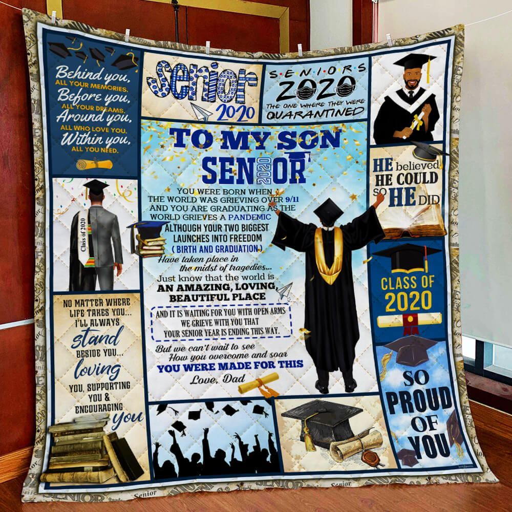 To My Son, Love Dad Senior 2020. Black Man Quilt Blanket