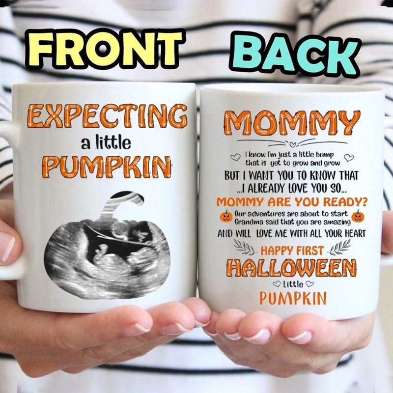 Personalized Ultrasould Photo Gift For Mommy To Be Expecting A Little Pumpkin Mugs