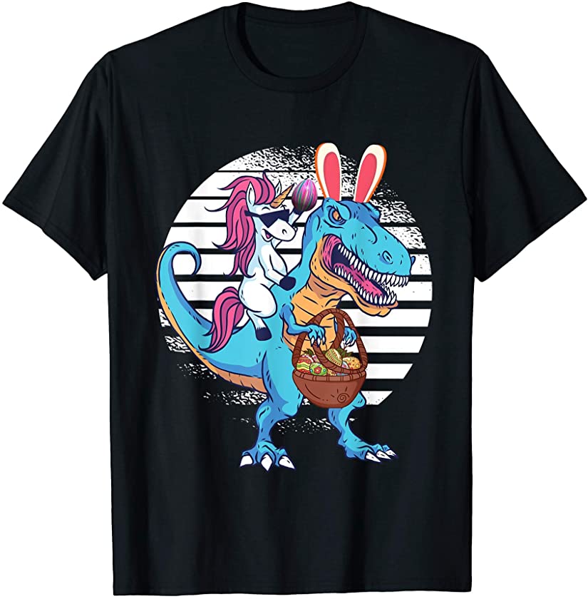 Unicorn Riding T rex Dinosaur Easter Bunny Basket T-Shirt