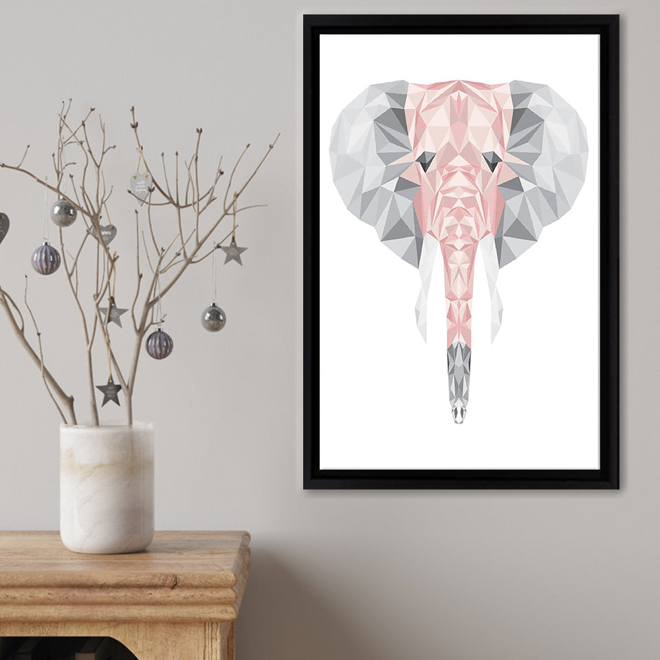 Geometric Poly Blush Pink And Grey Elephant Framed Canvas Print – Canvas Painting, Canvas Art, Wall Art, Wall Decor