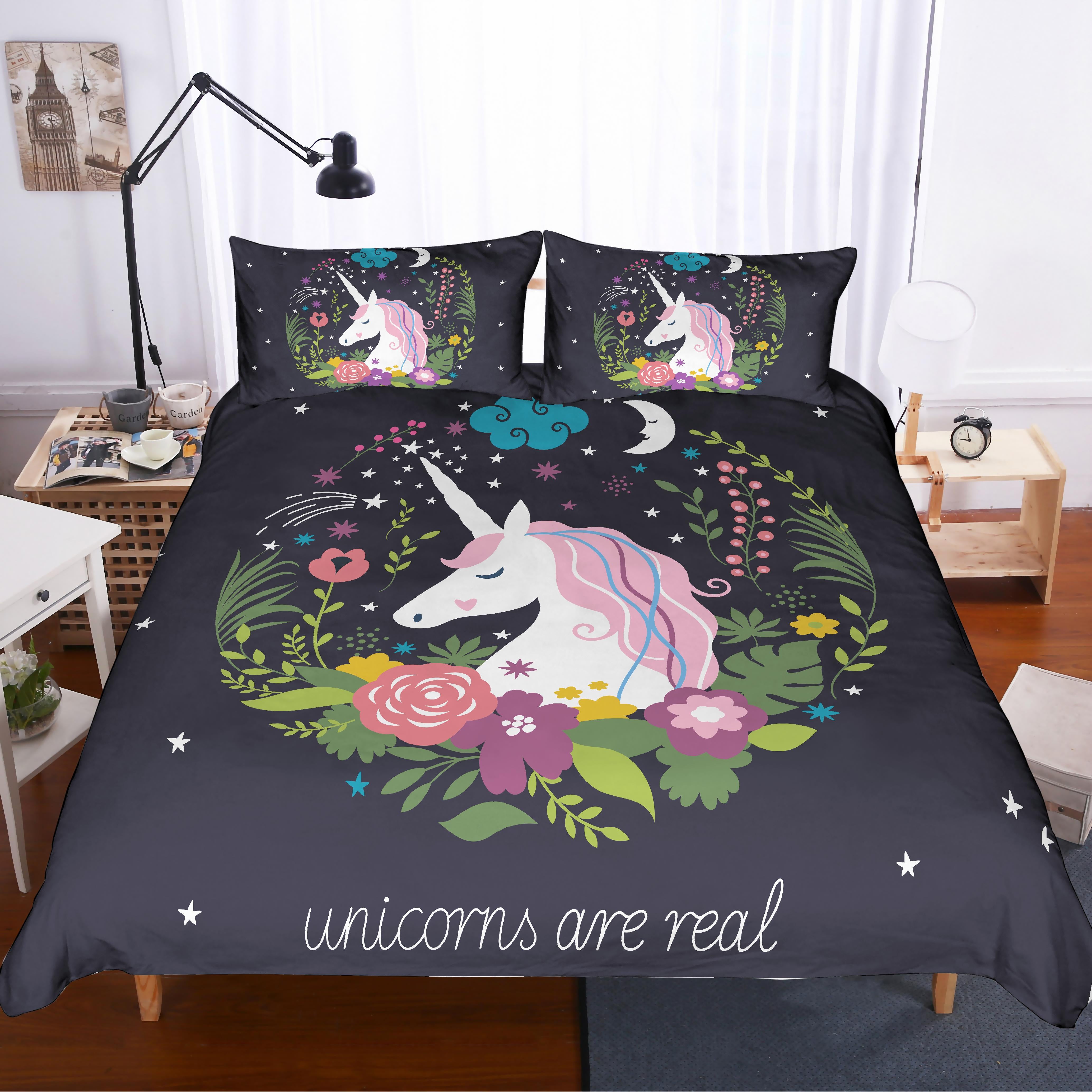 3D Black Unicorn Floral Quilt Cover Set Bedding Set Pillowcases 163