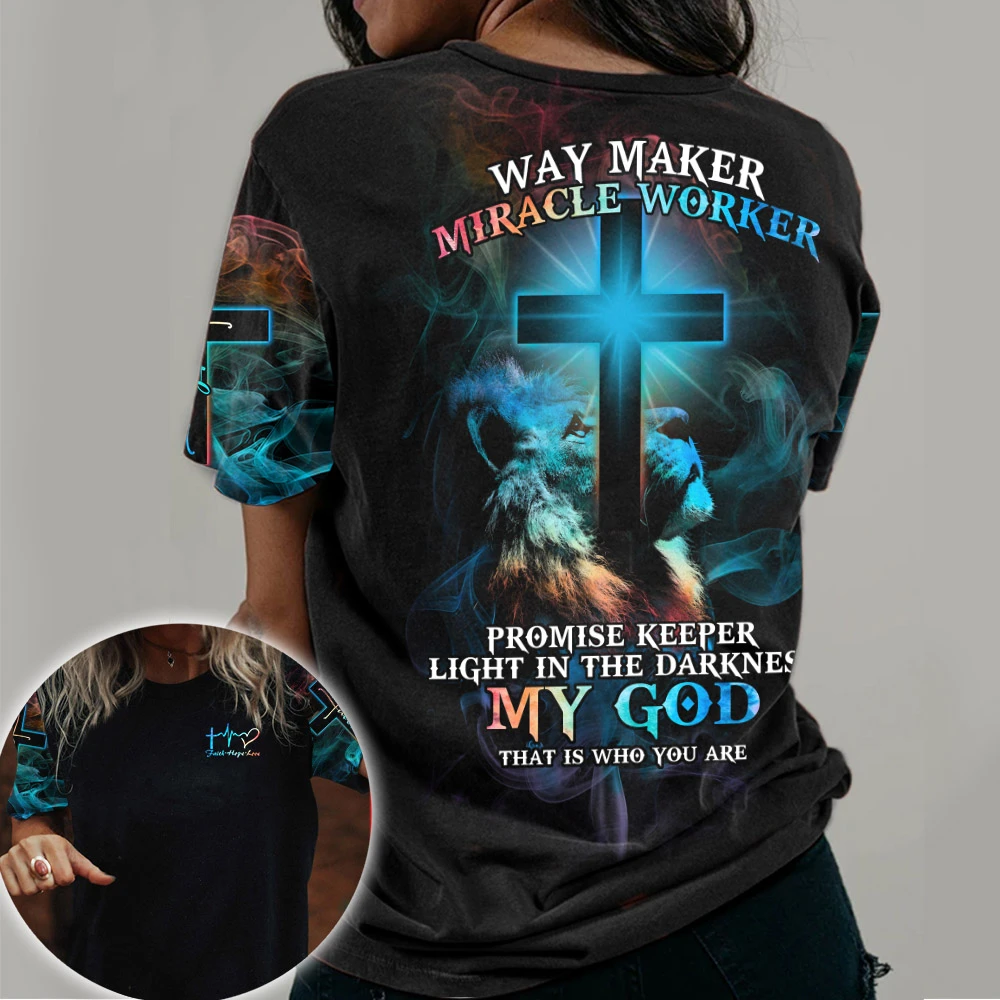 Way Maker Miracle Worker My God, Lion The Cross Light Colorful All Over Printed Unisex T-Shirt