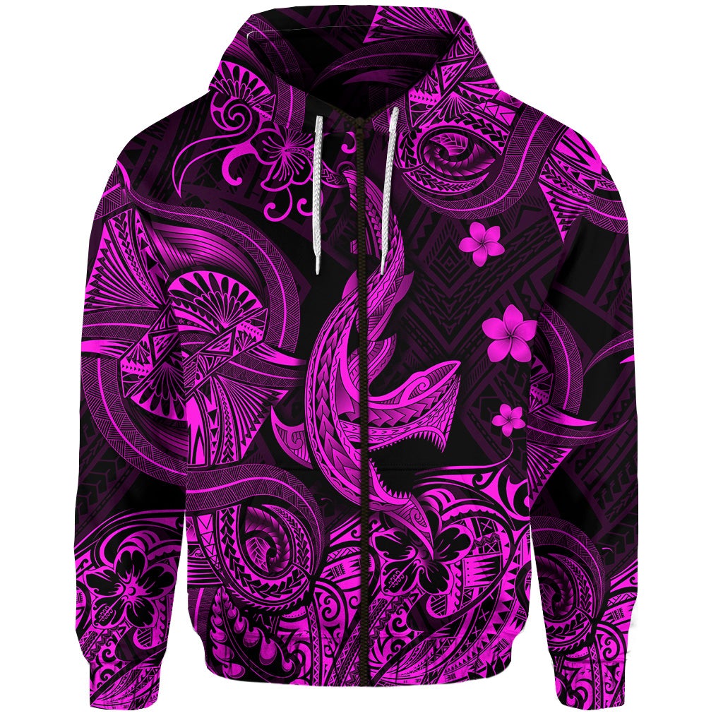 (Custom Personalised) Hawaii Angry Shark Polynesian Zip Hoodie Unique Style – Pink Lt8