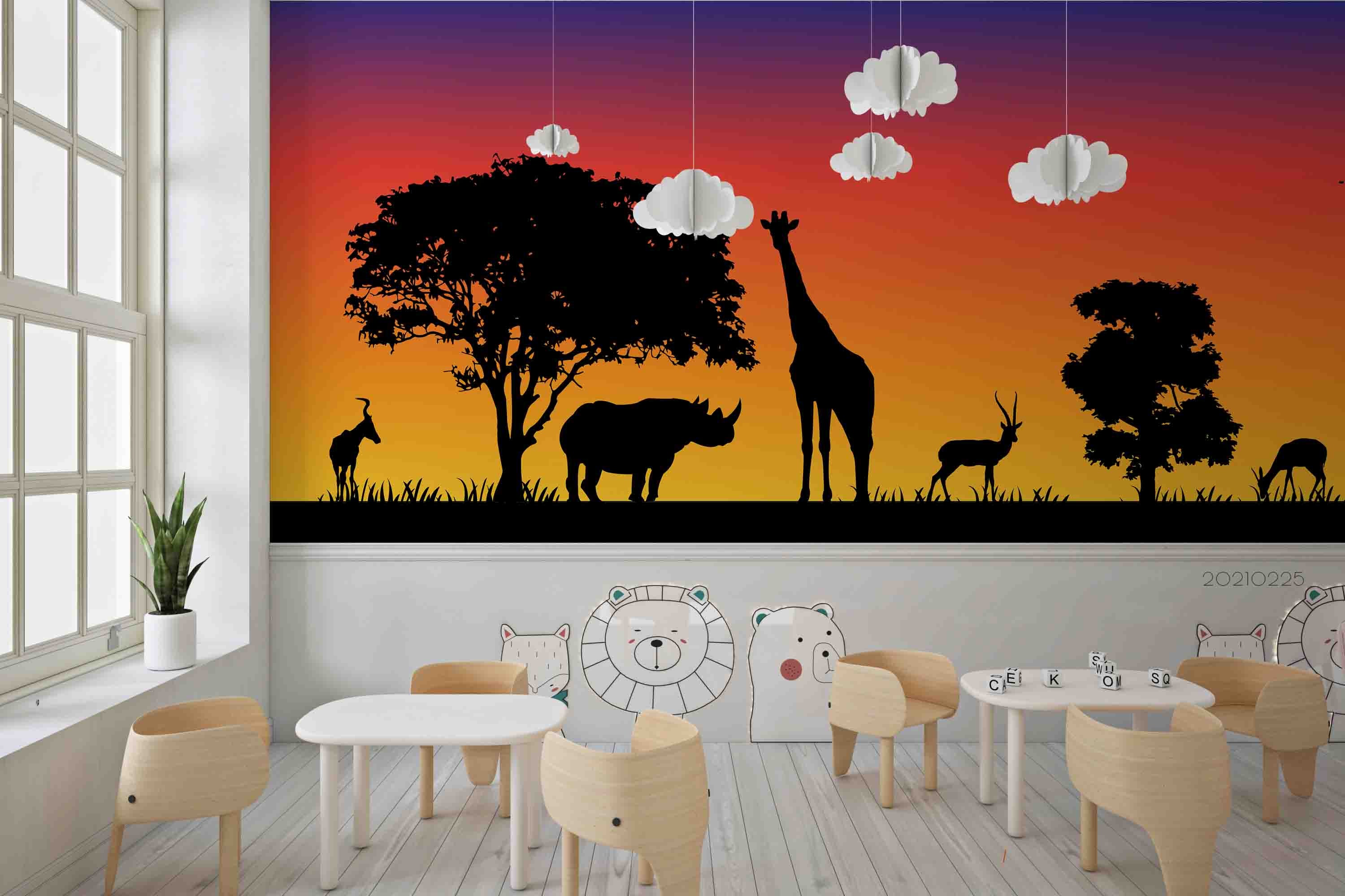 3D Sunset Sky Tree Wild Animal Wall Mural Wallpaper Lqh 253