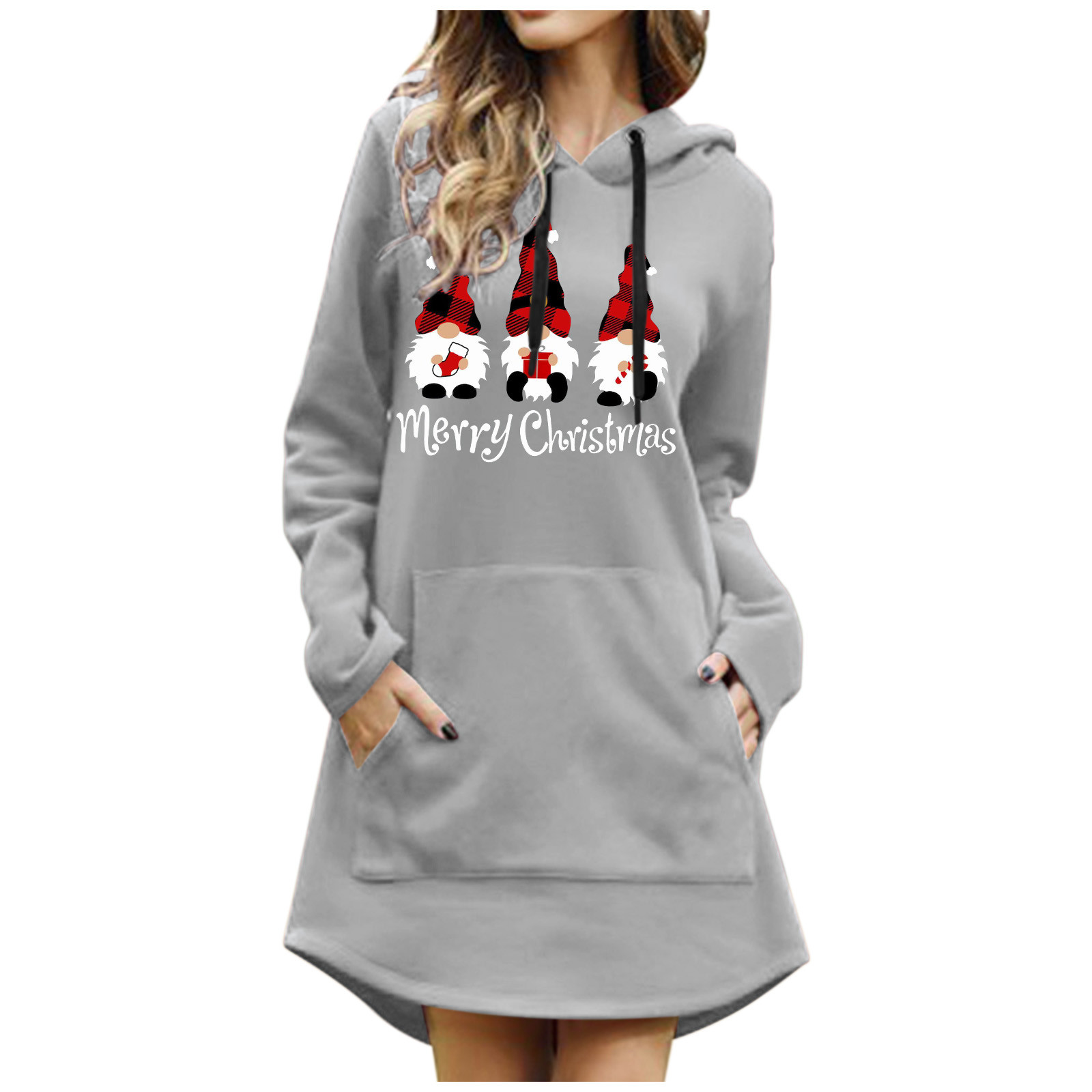 2021 Women Christmas Sweatshirts Casual Solid Color Printing Pullover Hooded Pocket Long Sleeve Dress Платье #8 alx