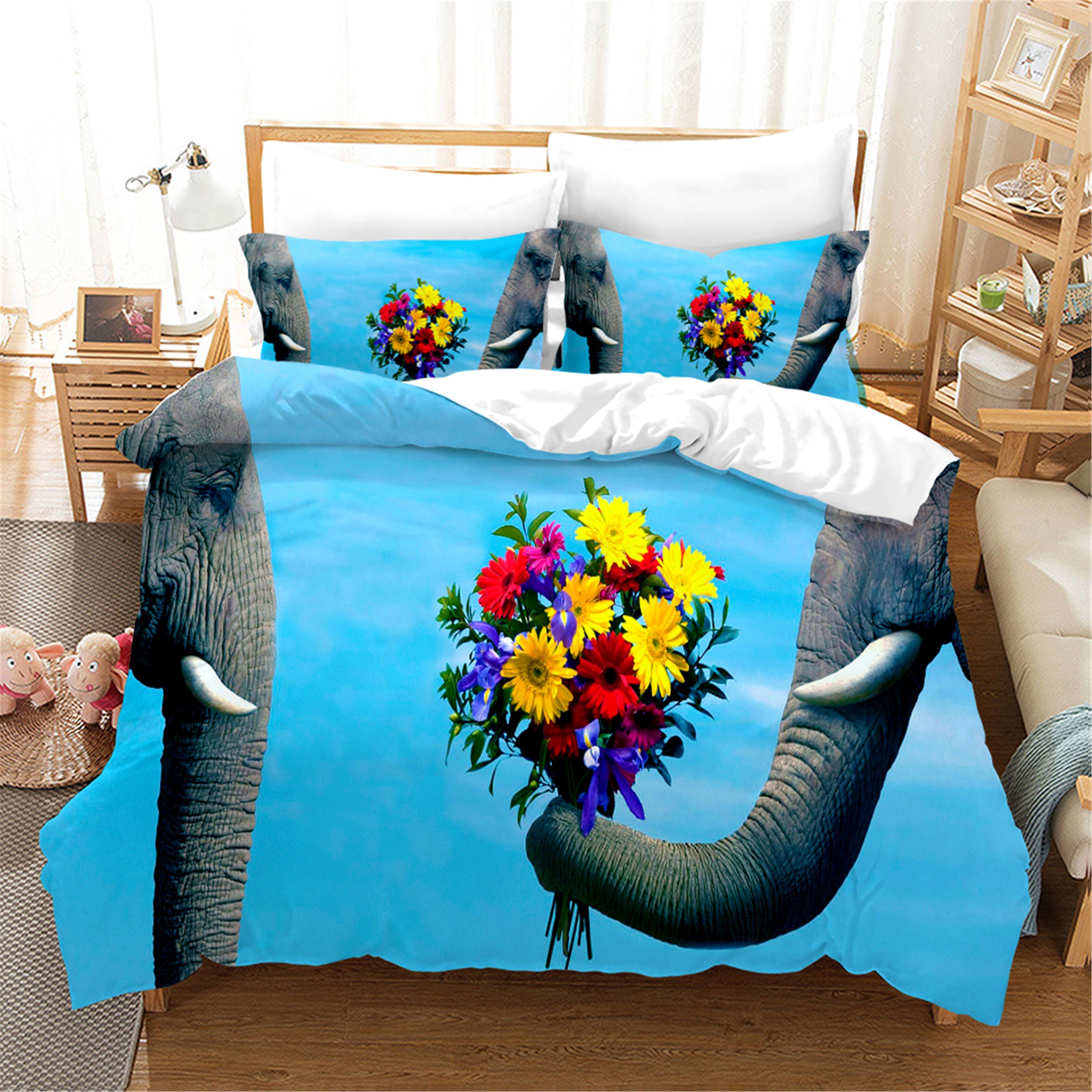 3D Elephant Floral Quilt Cover Set Bedding Set Pillowcases 132