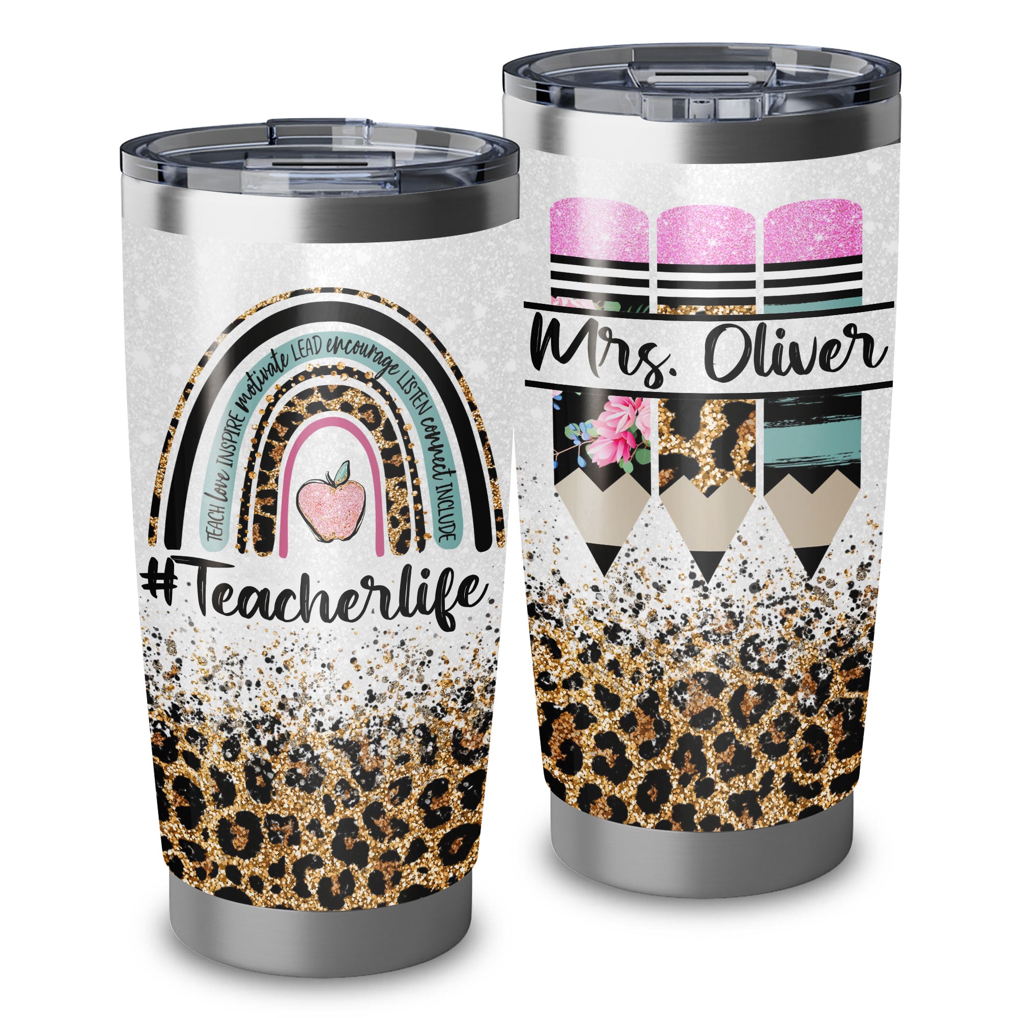 Teacher Life Boho Rainbow Leopard Custom Name 20Oz Tumbler