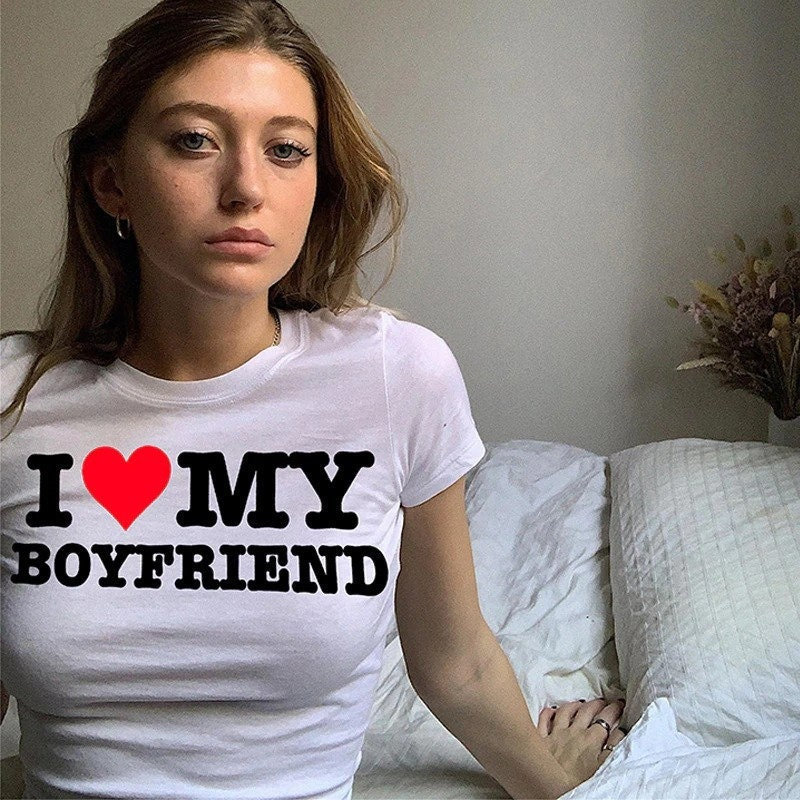 I Love My Boyfriend Crop White Tee, Y2K Funny Slogan T-shirt, Cropped Short Sleeve Harajuku Grunge Slim Y2k Top Punk Vintage Graphic T Shirt