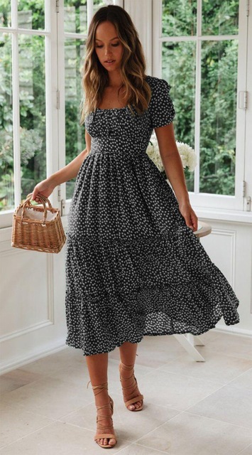 Vintage Polka Dot Print Puff Sleeve Summer Beach Sweet Dresses Casual Square Collar Floral Maxi Long Dress Vestidos 2022 Party alx