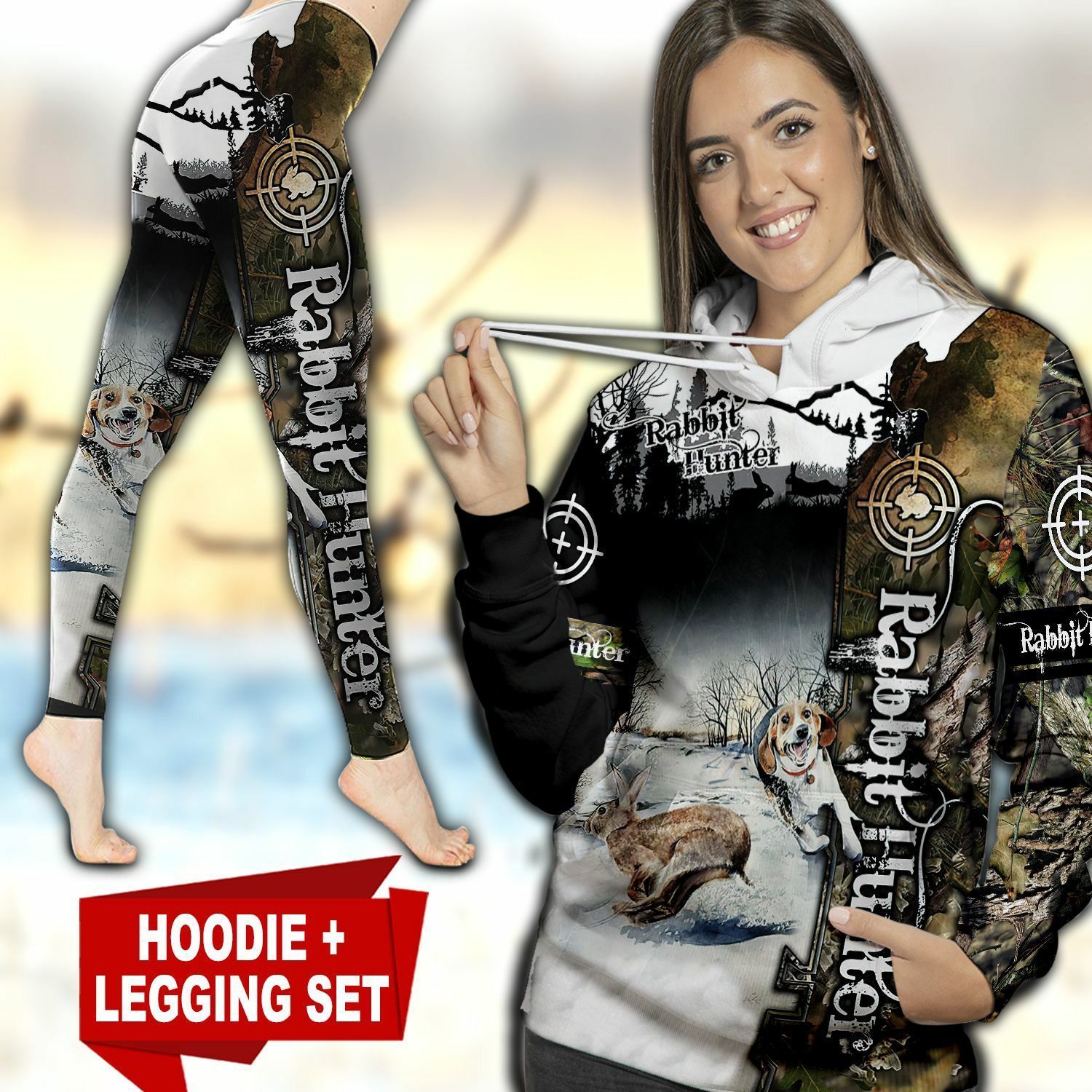 Rabbit Hunting Country Girl Camouflage Unique 3D Printed Sublimation Leggings Hoodie Set Hooded Sweatshirt Comfy Yoga Pants Tummy Control CTC140136