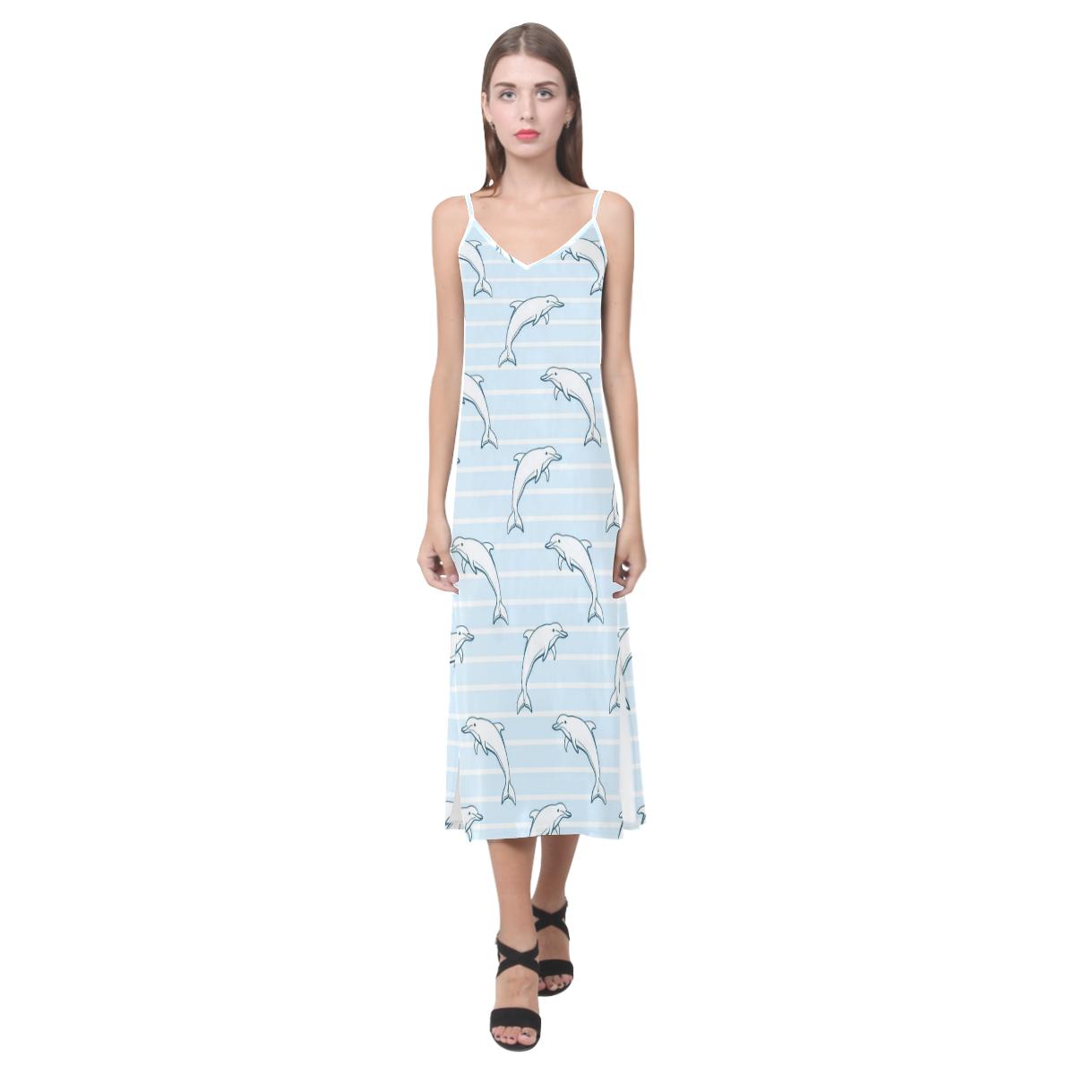 Dolphin blue striped background V-Neck Open Fork Long Dress