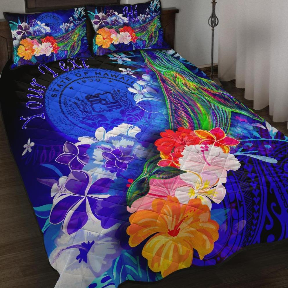 Polynesian Hawaii Custom Personalised Quilt Bed Set – Humpback Whale With Tropical Flowers (Blue)