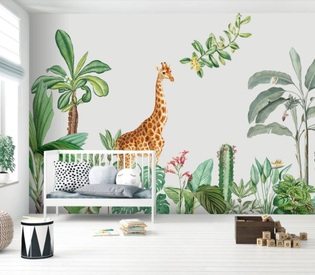 3D Hand Drawn Green Leaves Plant Giraffe Animal Wall Mural Wallpaper Lxl